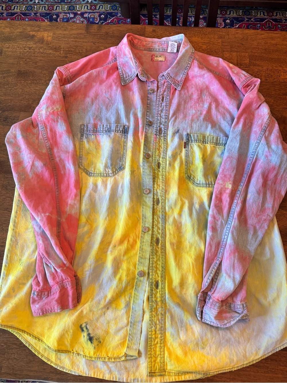 Vintage Levi’s denim button down hand tie died shirt Shacket oversized distresse